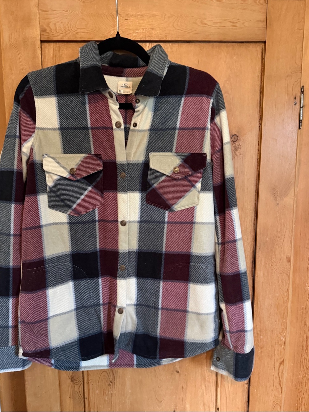 Women’s Plaid Button-Up Shirt Jacket - Burgundy, Black & Cream